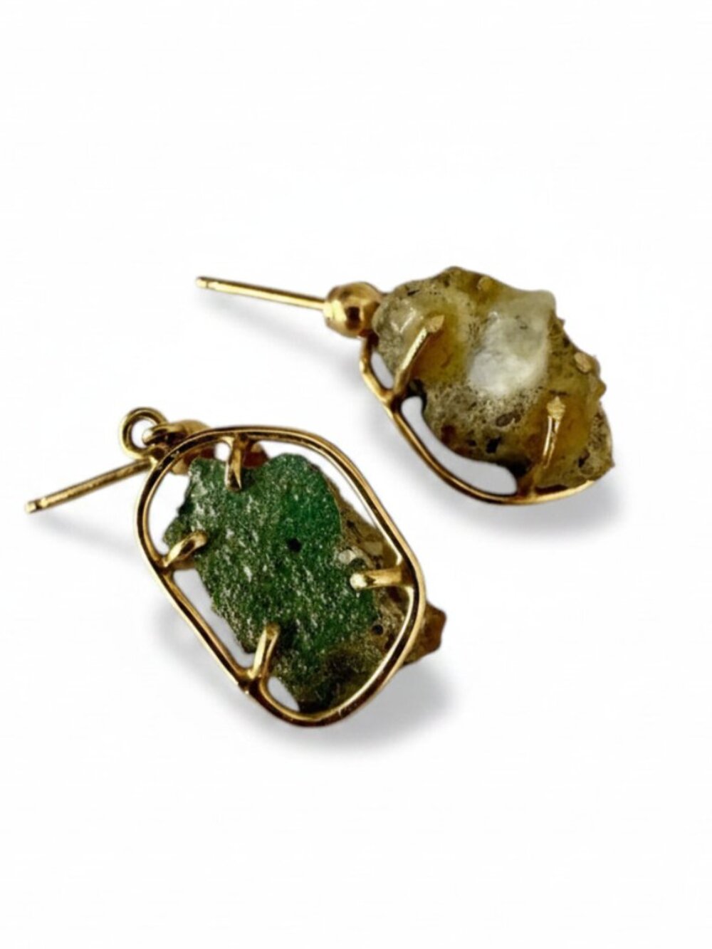 Rustic Gold-caged Raw Quartz Earrings